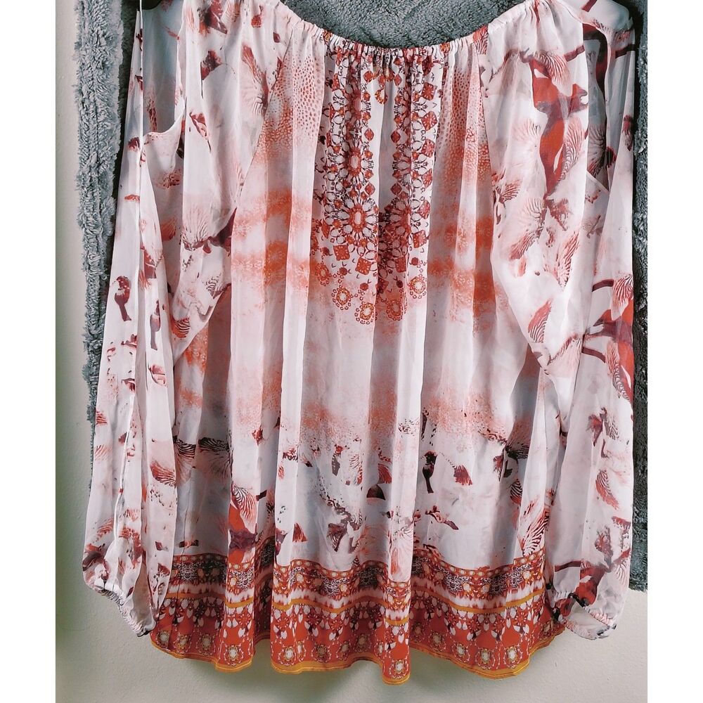 Jennifer Lopez Sheer Boho Top Coral Red Cold Sholder Size 2X